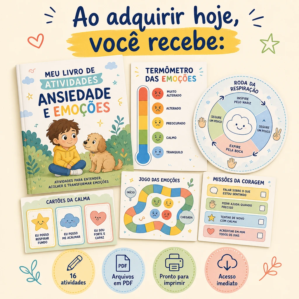 Materiais educativos infantis sobre emoções, ansiedade e atividades para imprimir